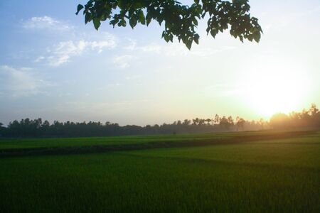 Blue sky and clouds, the village in the distance against the sky. Sky background on sunset. Nature composition.の写真素材