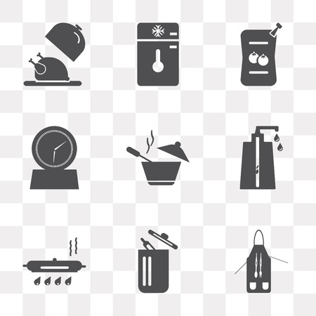 Set Of 9 simple transparency icons such as Apron, Trash, Pan, Soap dispenser, Pot, Timer, Sauces, Freezer, Platter, can be used for mobile, pixel perfect vector icon pack on transparent backgroundのイラスト素材