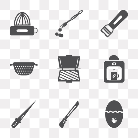 Set Of 9 simple transparency icons such as Timer, Knife, Coffee maker, Toaster, Strainer, Peeler, Brush, Squeezer, can be used for mobile, pixel perfect vector icon pack on transparentのイラスト素材