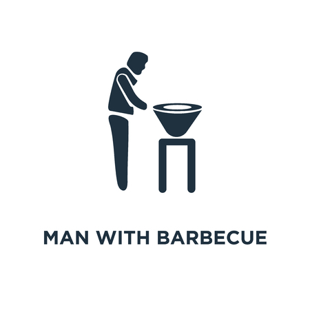 Man with Barbecue icon. Black filled vector illustration. Man with Barbecue symbol on white background. Can be used in web and mobile.のイラスト素材