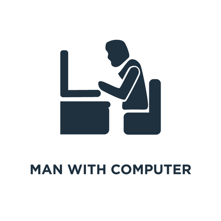 Man with Computer Screen icon. Black filled vector illustration. Man with Computer Screen symbol on white background. Can be used in web and mobile.のイラスト素材