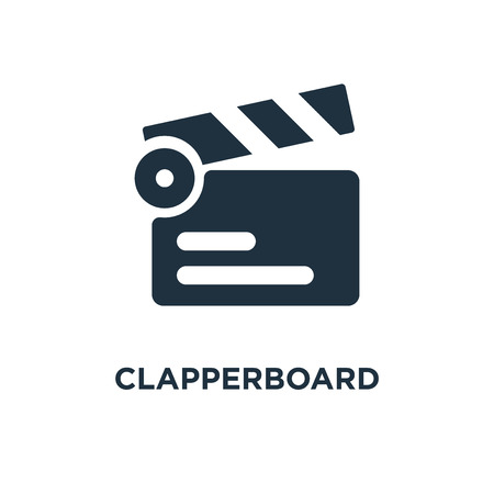Clapperboard icon. Black filled vector illustration. Clapperboard symbol on white background. Can be used in web and mobile.のイラスト素材