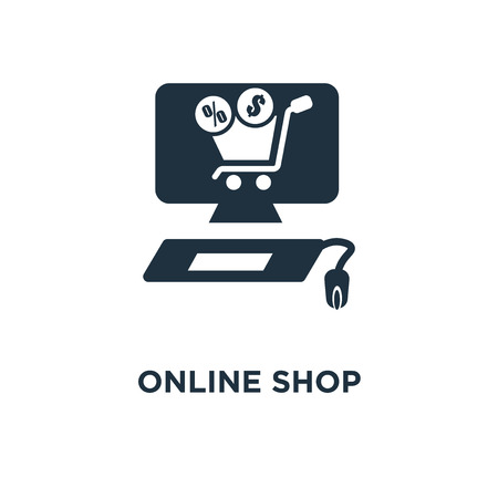 Online shop icon. Black filled vector illustration. Online shop symbol on white background. Can be used in web and mobile.のイラスト素材