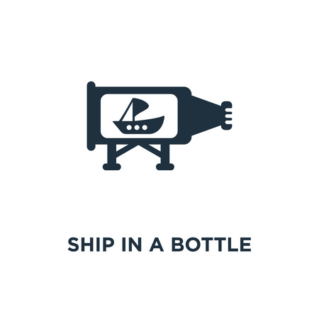 Ship in a bottle icon. Black filled vector illustration. Ship in a bottle symbol on white background. Can be used in web and mobile.のイラスト素材