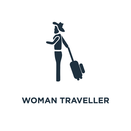 Woman Traveller icon. Black filled vector illustration. Woman Traveller symbol on white background. Can be used in web and mobile.のイラスト素材