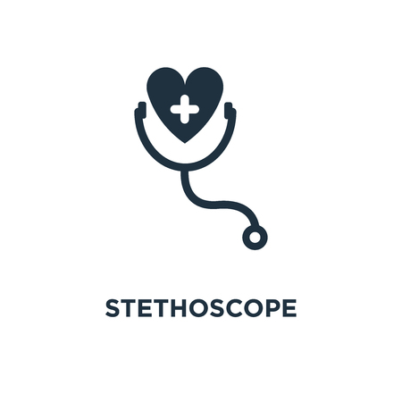 Stethoscope icon. Black filled vector illustration. Stethoscope symbol on white background. Can be used in web and mobile.のイラスト素材