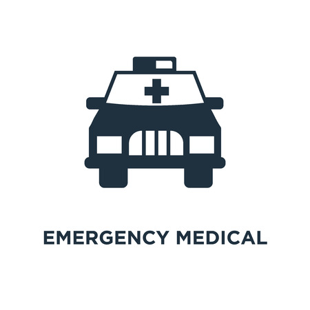 Emergency medical vehicle icon. Black filled vector illustration. Emergency medical vehicle symbol on white background. Can be used in web and mobile.のイラスト素材
