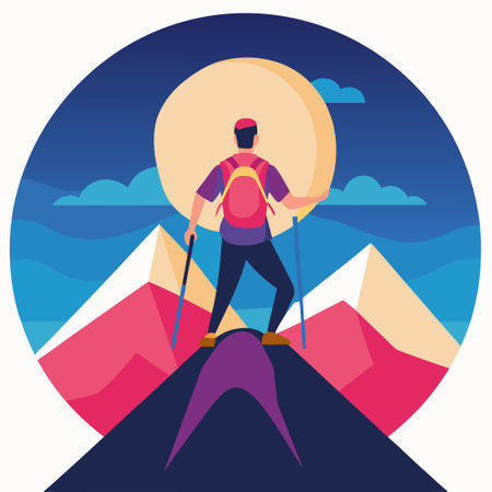 Hiker on the top of mountain. Flat style vector illustration.のイラスト素材