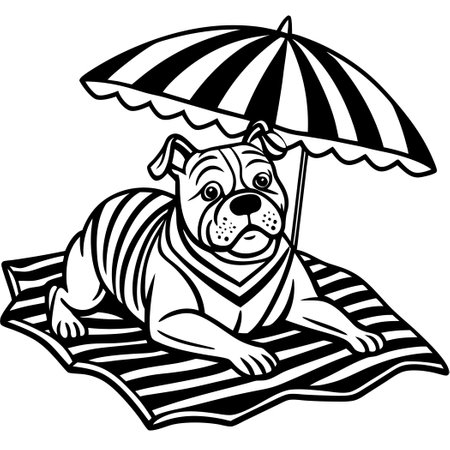 Adorable Bulldog Basking in Sun's Embrace on Beach Towel by Umbrellaのイラスト素材