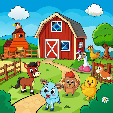 Cartoon Farm Animals Frolicking in a Summery Countryside Landscape with Rainbowのイラスト素材