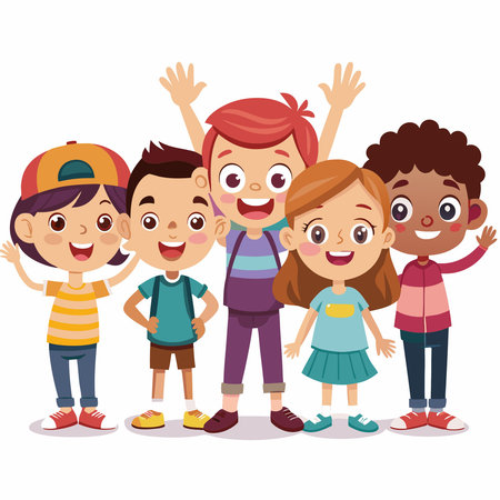 Row of Adorable Children Waving Cheerfully with Funny Expressionsのイラスト素材