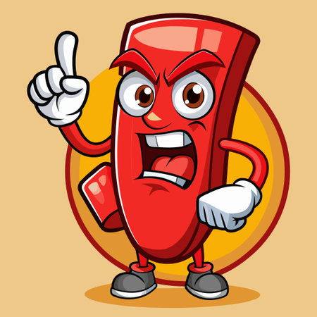 Animated Red Exclamation Mark Cartoon Character Expressing Anger with Frowning Faceのイラスト素材
