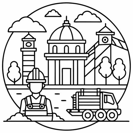 Construction Site Line Art Doodle with Builder and Toolsのイラスト素材