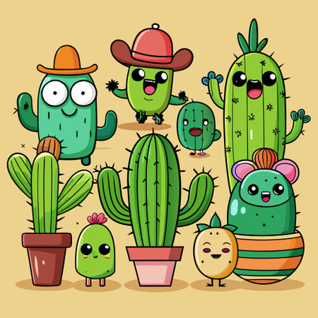 Adorable Collection of Hand-Drawn Cactus Cartoon Charactersのイラスト素材