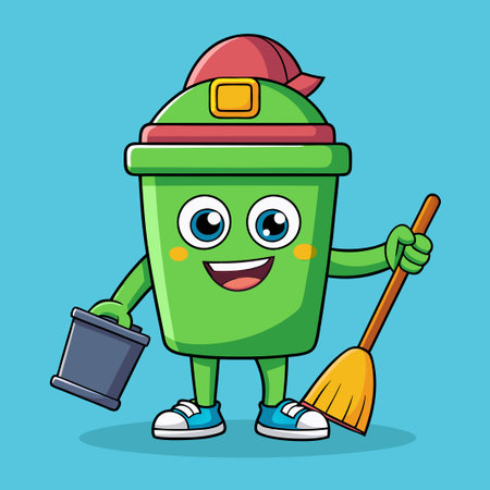 Animated Green Trash Bin Character Cleaning with Brushのイラスト素材