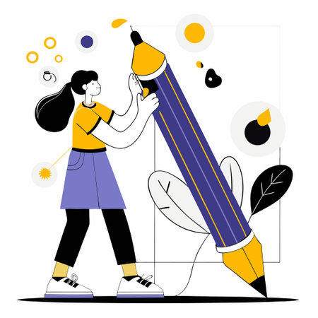 Young Girl Sketching Her Creative Ideas with a Giant Writing Instrumentのイラスト素材