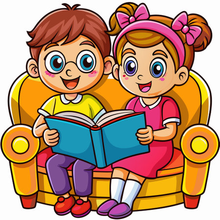 Two Young Children Reading Books Together on a Cozy Couchのイラスト素材