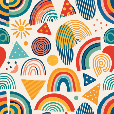 Vibrant Rainbow Lines, Shapes, and Curves in an Abstract Compositionのイラスト素材