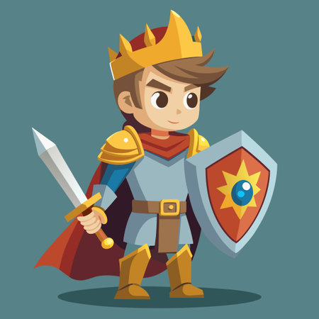 Cartoonish Knight with Sword and Protective Shield Vector Illustrationのイラスト素材