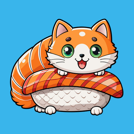 Adorable Cartoon Cat Enjoys Sushi and Salmon with Delightのイラスト素材
