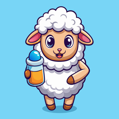 Adorable Baby Sheep Sipping Milk from Bottle Illustrative Vector Iconのイラスト素材