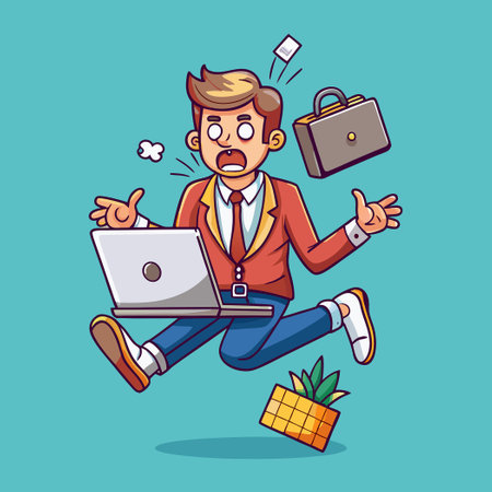**** Cartoon Employee in Panic with Broken Laptop Surrounded by Concerned Colleaguesのイラスト素材