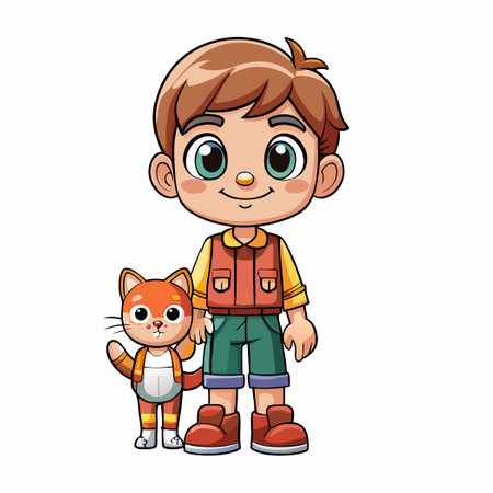 Adorable Boy Bonding with Playful Cat in Cartoon Styleのイラスト素材