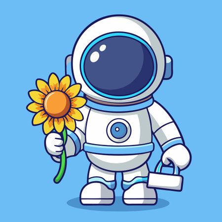 Cute Cartoon Astronaut Embracing Sunflower amidst Cosmic Wondersのイラスト素材