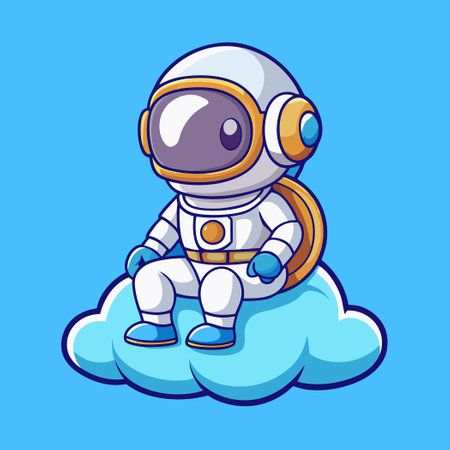 Adorable Cartoon Astronaut Relaxing on a Cloud in Spaceのイラスト素材