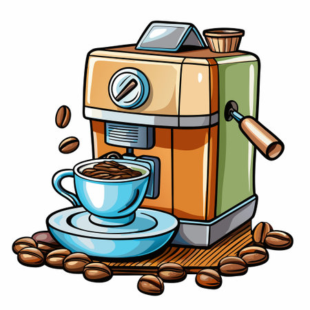 Coffee Machine with Mug and Coffee Beans in Isolated Settingのイラスト素材