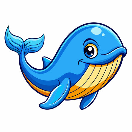 Adorable Cartoon Illustration of a Blue Whale with Expressive Eyesのイラスト素材