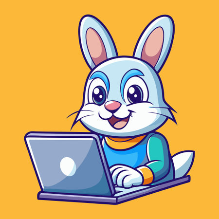 Cartoon Vector Icon of a Cute Rabbit Working Diligently on Laptopのイラスト素材