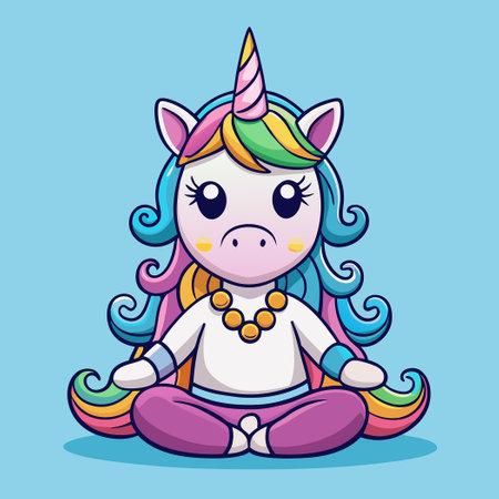Adorable Cartoon Unicorn Meditating in Tranquil Poseのイラスト素材