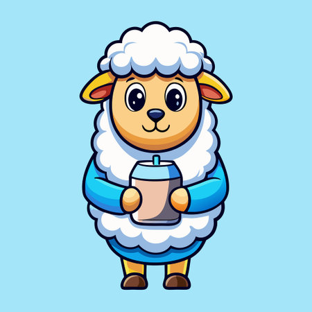 ** Adorable Cartoon Vector Illustration of a Sheep Holding a Milk Bottle**のイラスト素材