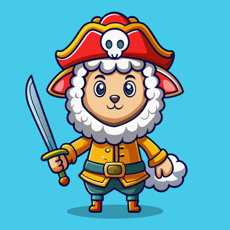 Adorable Cartoon Depiction of a Sheep Pirate Embracing Swashbuckling Adventure with Swordのイラスト素材