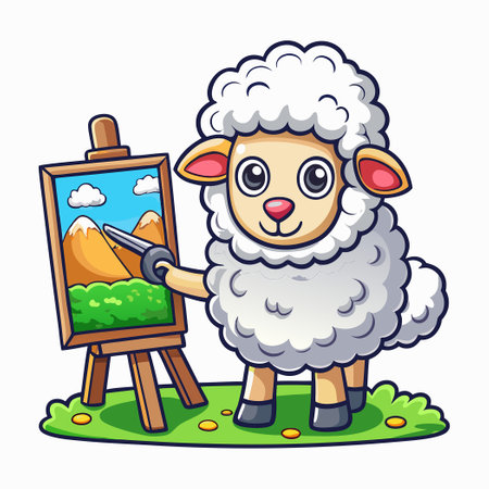 Cartoon Cute Sheep Painting Grass in Vector Illustrationのイラスト素材
