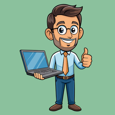 Enthusiastic Employee Giving Thumbs Up with Laptop in Handのイラスト素材