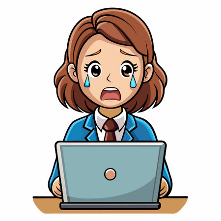 Stressed Female Employee Struggles with Workload on Laptopのイラスト素材