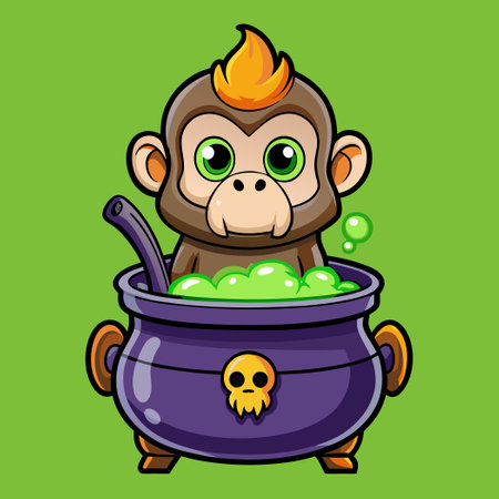 Cute Monkey Preparing Poison in a Cauldron Cartoon Clipartのイラスト素材