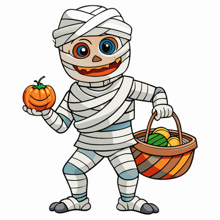 Adorable Mummy Carrying Candy in a Pumpkin Basket on Halloweenのイラスト素材