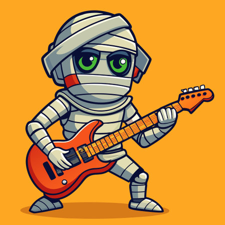 Adorable Mummy Rocking Out with Electric Guitar in Cartoon Styleのイラスト素材