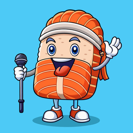 Musical Sushi: Singing Salmon Captivates with Microphone in Cartoon Vectorのイラスト素材