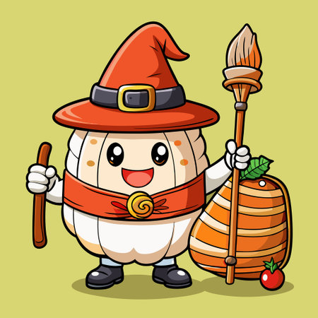 Enchanting Witch with Sushi and Salmon, Holding Magic Broom and Pumpkinのイラスト素材