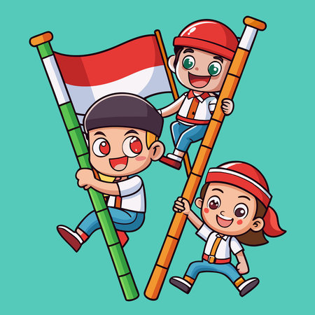 Playful Children Enjoying a Slippery Pole Climbing Competition in Indonesiaのイラスト素材
