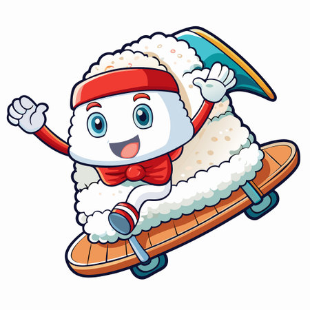 Adorable Animated Sushi Onigiri Character Surfing with Excitementのイラスト素材