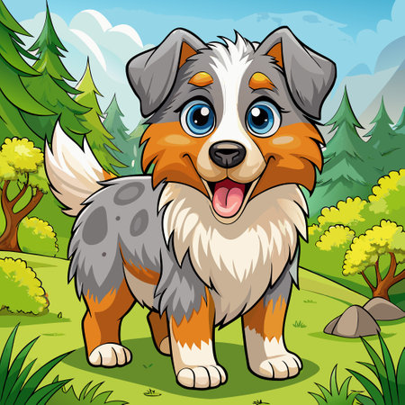 Adorable Cartoon Icon of a Cute Australian Shepherd Dog with Joyful Expressionのイラスト素材