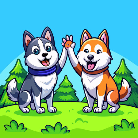 Adorable Shiba Inu and Husky Dogs Sharing a Heartfelt High Fiveのイラスト素材