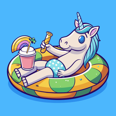 Vibrant Unicorn Floating on Pool Float with Refreshing Juiceのイラスト素材