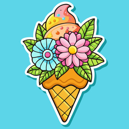 Vibrant Floral Ice Cream Cone Sticker for a Sweet Touchのイラスト素材