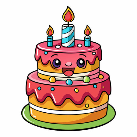 Adorable Birthday Cake Cartoon Vector Illustration with Colorful Frosting and Candles